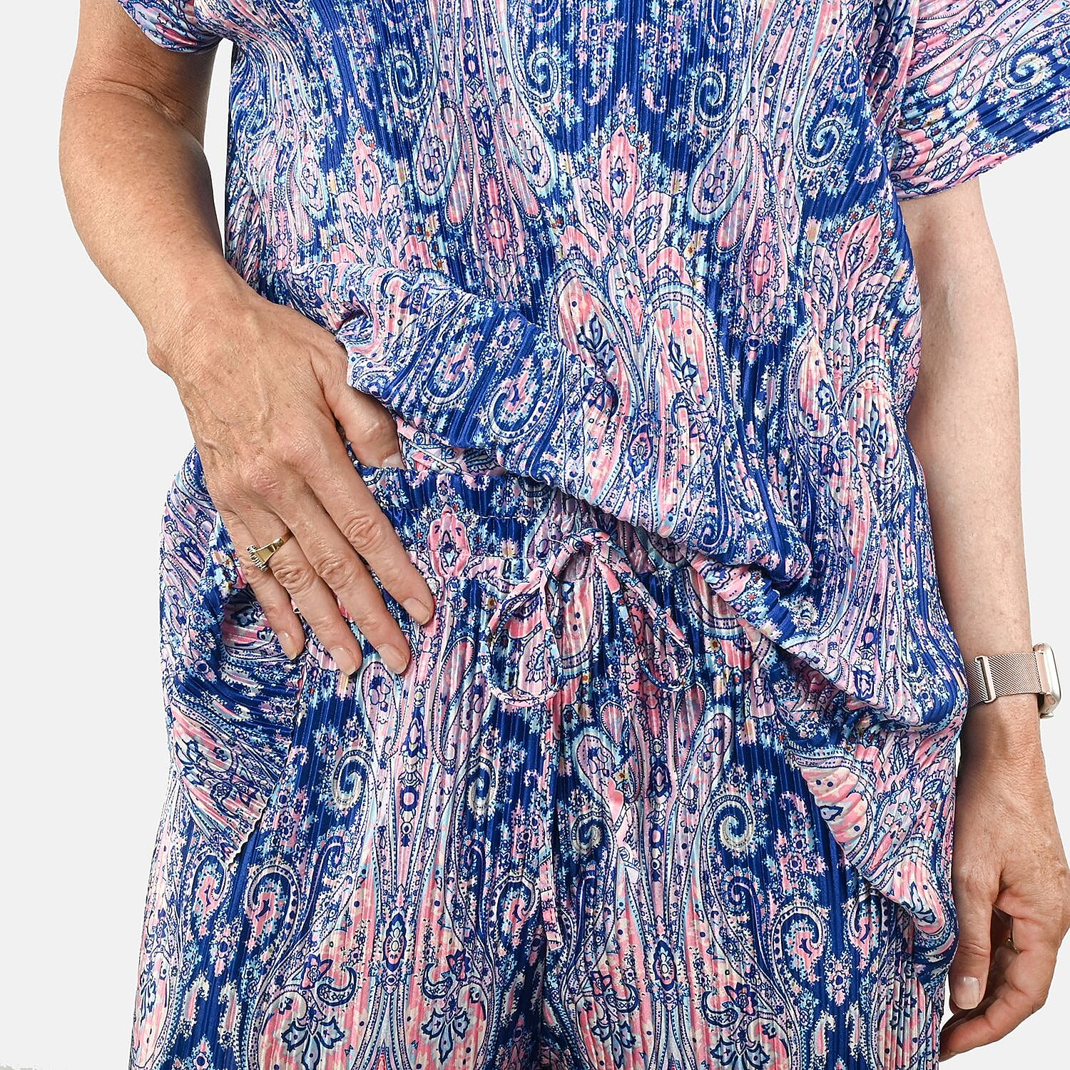 Tamsy Blue Paisley 2 Piece Pleated Polyester Top and Bottom Set - One Size Fits Most
