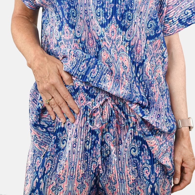 Tamsy Blue Paisley 2 Piece Pleated Polyester Top and Bottom Set - One Size Fits Most