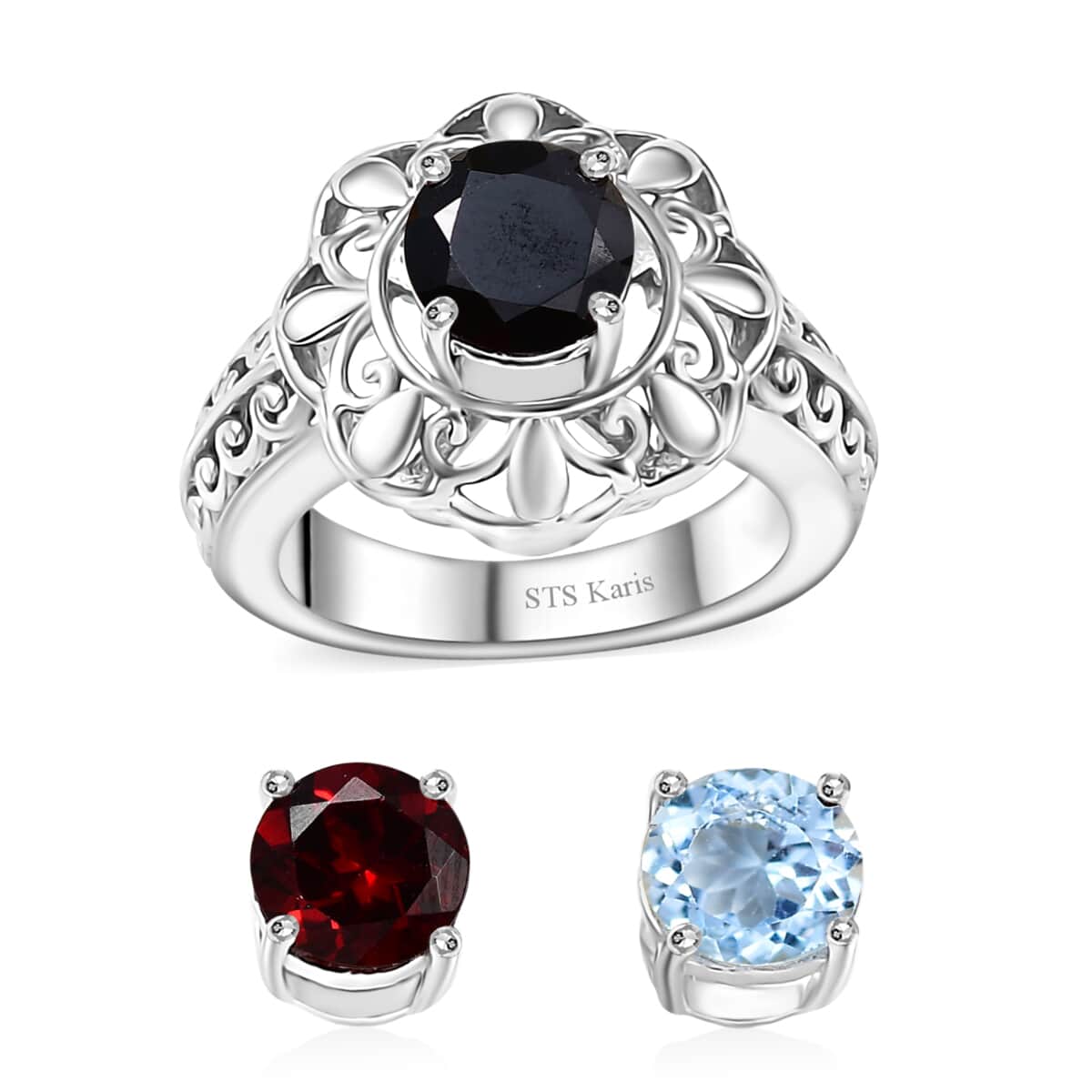 Karis Sky Blue Topaz, Mozambique Garnet, Thai Black Spinel Interchangable Solitaire Ring in Platinum Bond (Size 6.0) 4.50 ctw image number 0