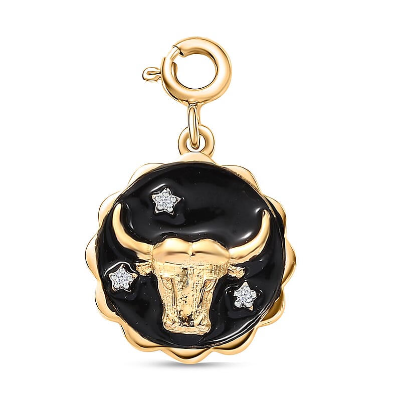 Moissanite and Enameled Taurus Zodiac Charm in 18K Vermeil Yellow Gold Over Sterling Silver