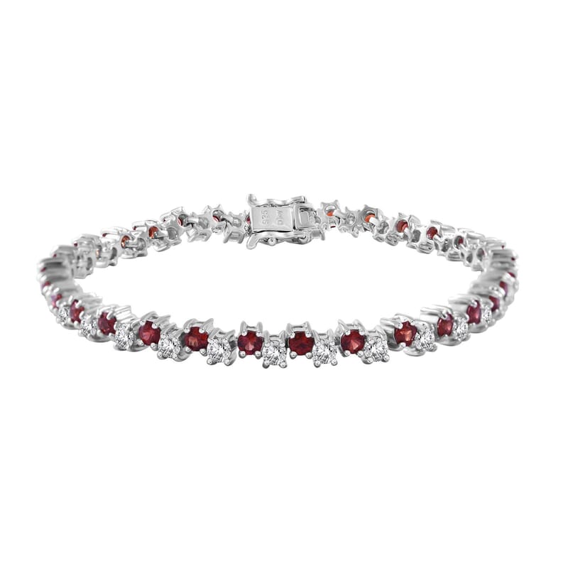 Sanguine Sapphire and Moissanite Art Deco Bracelet in Rhodium Over Sterling Silver (6.50 In) 7.70 ctw