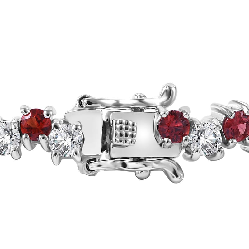 Sanguine Sapphire and Moissanite Art Deco Bracelet in Rhodium Over Sterling Silver (6.50 In) 7.70 ctw