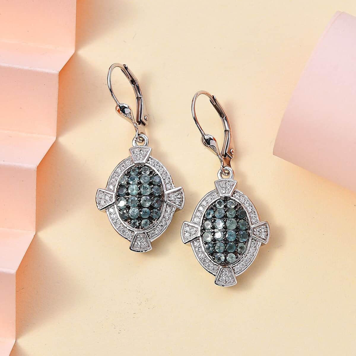 Narsipatnam Alexandrite and White Zircon Art and Deco Lever Back Earrings in Rhodium Over Sterling Silver 1.90 ctw image number 1