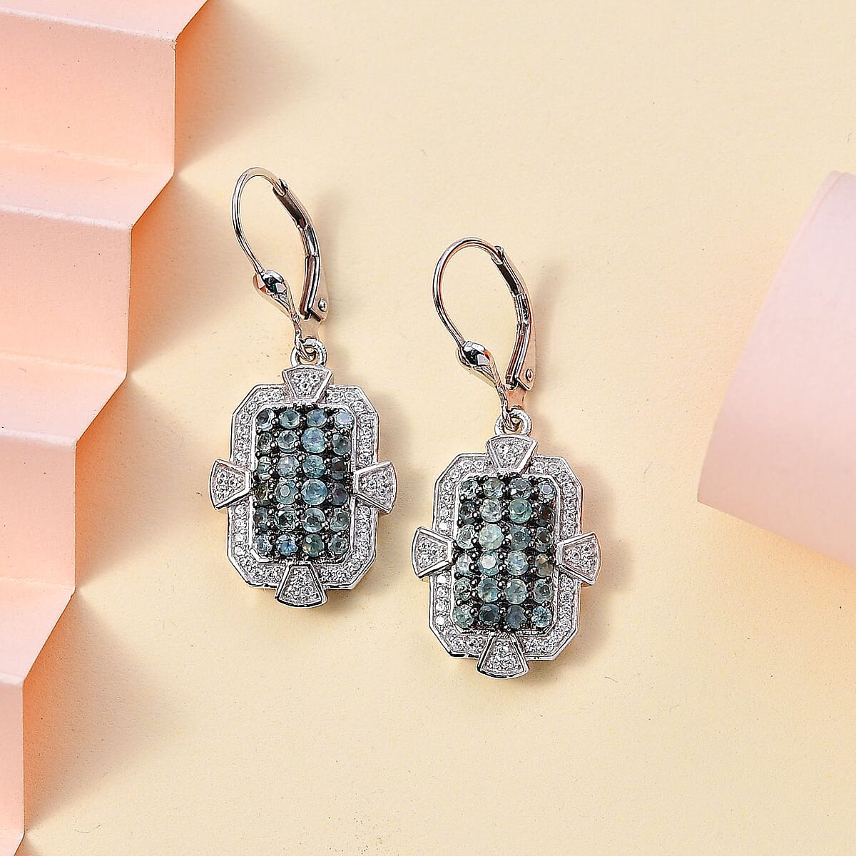 Narsipatnam Alexandrite and White Zircon Art and Deco Lever Back Earrings in Rhodium Over Sterling Silver 2.25 ctw image number 1