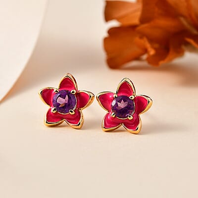 African Amethyst 0.50 ctw Enameled Floral Earrings in 18K Vermeil Yellow Gold Over Sterling Silver