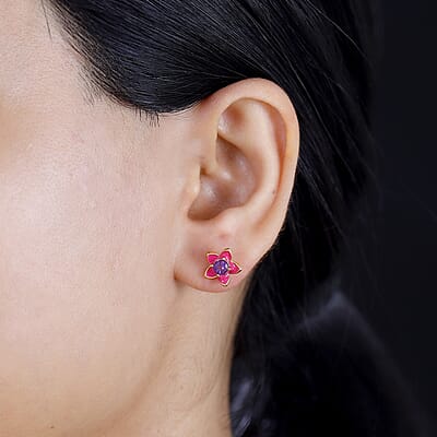 African Amethyst 0.50 ctw Enameled Floral Earrings in 18K Vermeil Yellow Gold Over Sterling Silver