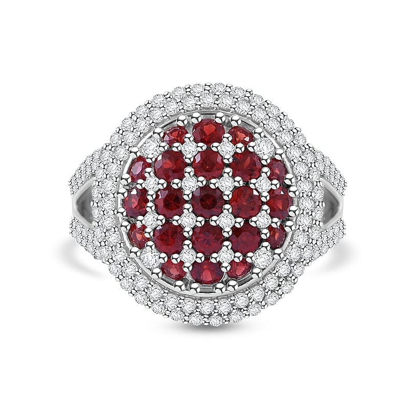 Sanguine Sapphire and White Zircon Art Deco Ring in Rhodium Over Sterling Silver (Size 10.0) 3.35 ctw
