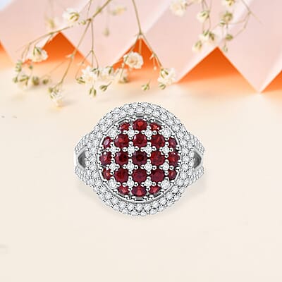 Sanguine Sapphire and White Zircon Art Deco Ring in Rhodium Over Sterling Silver (Size 10.0) 3.35 ctw