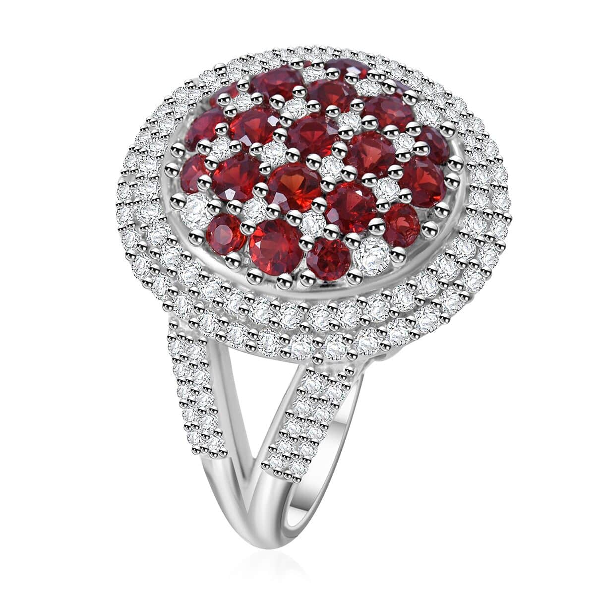 Sanguine Sapphire, White Zircon Cluster Ring in Rhodium Over Sterling Silver (Size 10.0) 3.35 ctw image number 3