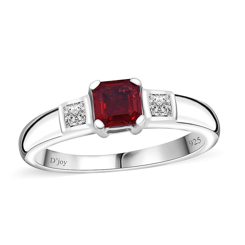 Sanguine Sapphire and Moissanite Art Deco Ring in Rhodium Over Sterling Silver (Size 10.0) 1.00 ctw