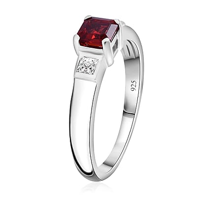 Sanguine Sapphire and Moissanite Art Deco Ring in Rhodium Over Sterling Silver (Size 10.0) 1.00 ctw