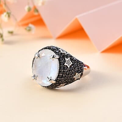 Moon Glow Moonstone and Multi Gemstone Celestial Ring in Rhodium Over Sterling Silver (Size 10.0) 7.50 ctw