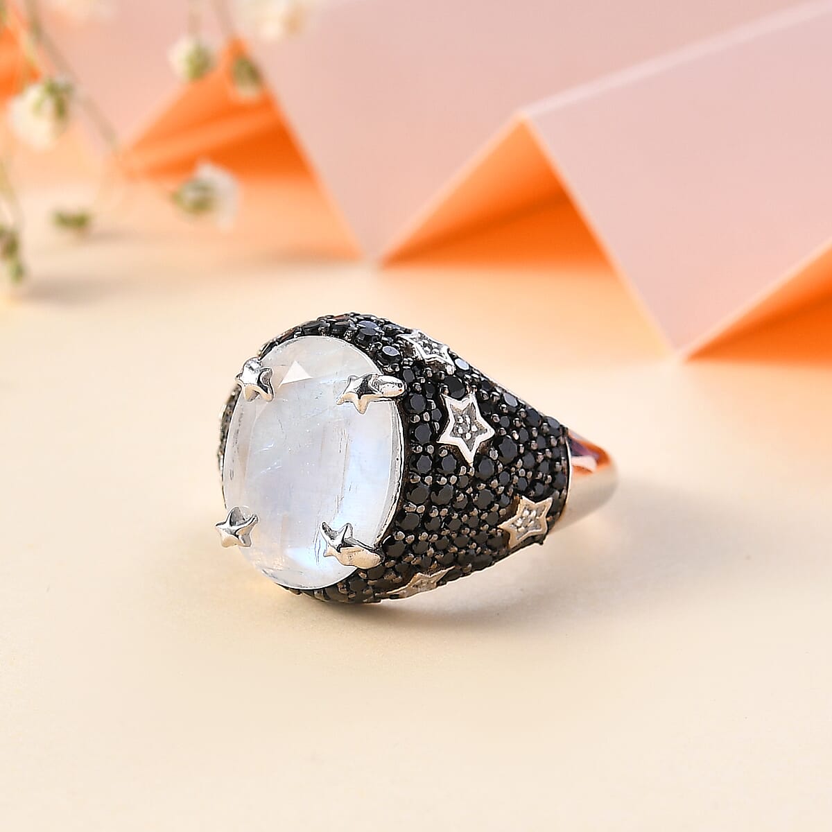 Moon Glow Moonstone and Multi Gemstone Celestial Ring in Rhodium Over Sterling Silver (Size 9.0) 7.50 ctw image number 1