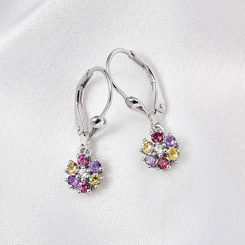 Multi Gemstone 0.50 ctw Floral Earrings in Rhodium Over Sterling Silver