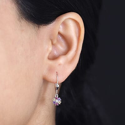 Multi Gemstone 0.50 ctw Floral Earrings in Rhodium Over Sterling Silver