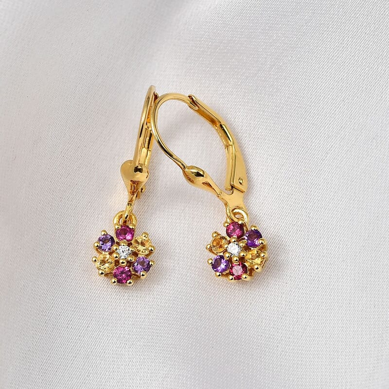 Multi Gemstone 0.50 ctw Floral Earrings in 18K Vermeil Yellow Gold Over Sterling Silver