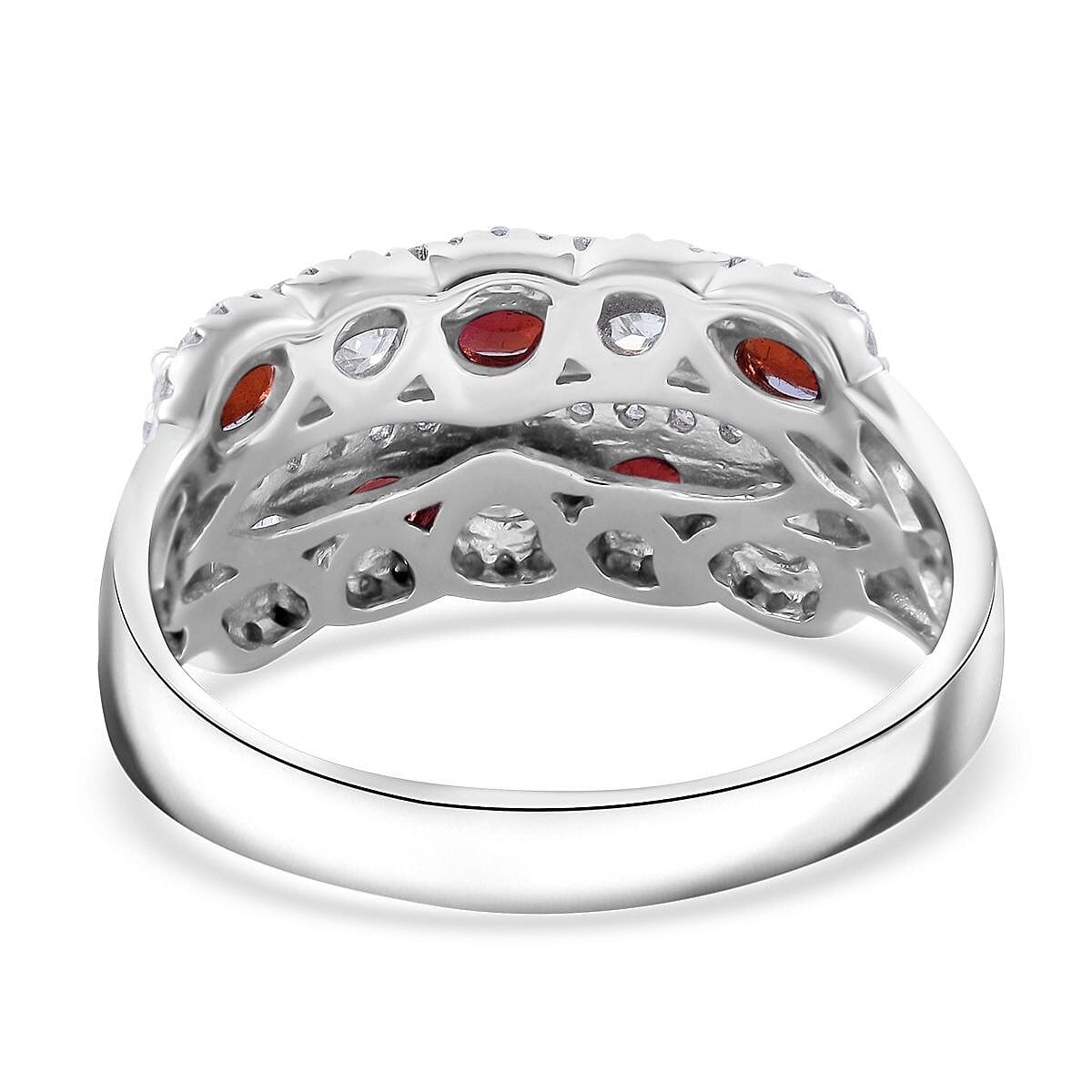 Sanguine Sapphire and Moissanite Art Deco Ring in Rhodium Over Sterling Silver (Size 10.0) 2.75 ctw