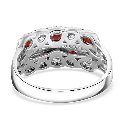 Sanguine Sapphire and Moissanite Art Deco Ring in Rhodium Over Sterling Silver (Size 10.0) 2.75 ctw