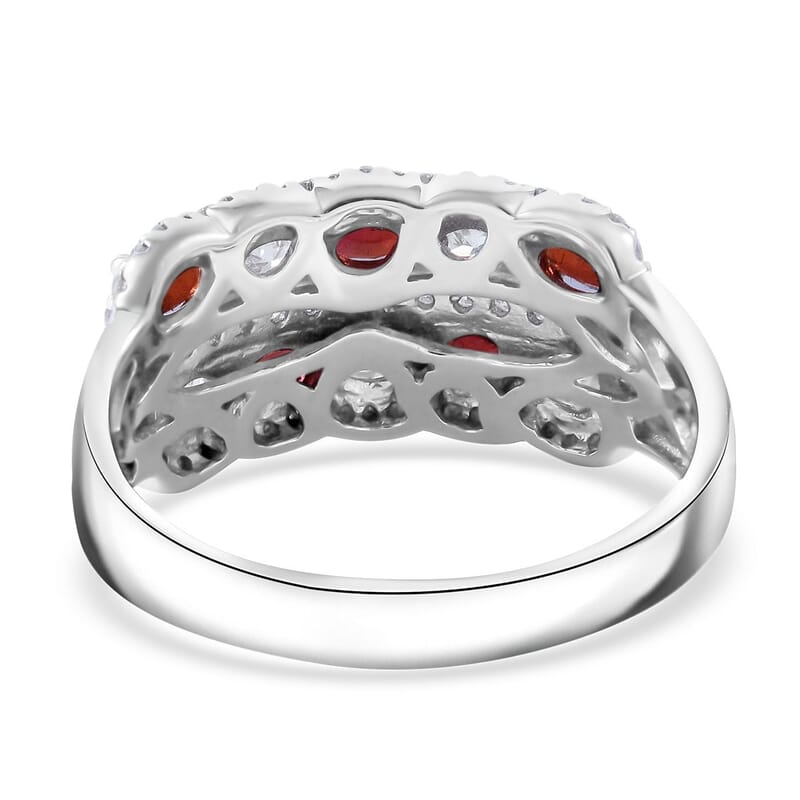 Sanguine Sapphire and Moissanite Art Deco Ring in Rhodium Over Sterling Silver (Size 10.0) 2.75 ctw