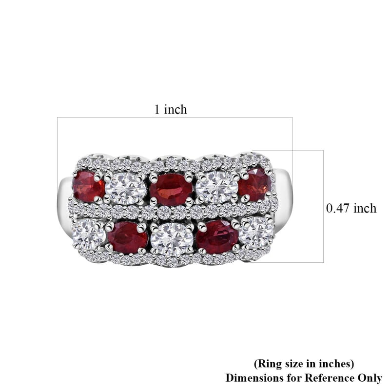 Sanguine Sapphire and Moissanite Art Deco Ring in Rhodium Over Sterling Silver (Size 10.0) 2.75 ctw