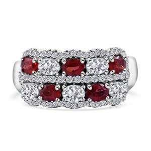 Sanguine Sapphire and Moissanite Art Deco Ring in Rhodium Over Sterling Silver (Size 6.0) 2.75 ctw