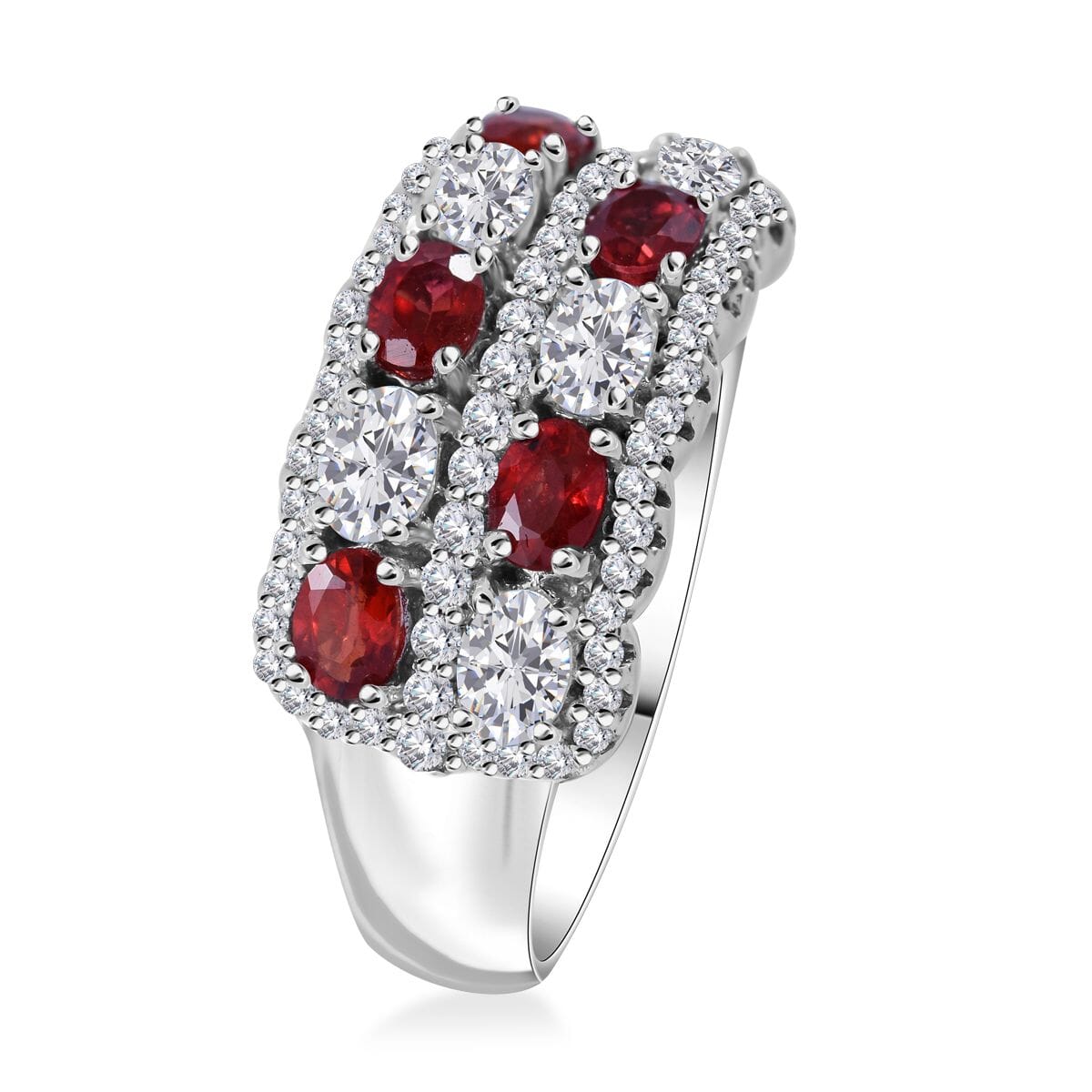 Sanguine Sapphire and Moissanite Art Deco Ring in Rhodium Over Sterling Silver (Size 6.0) 2.75 ctw image number 2