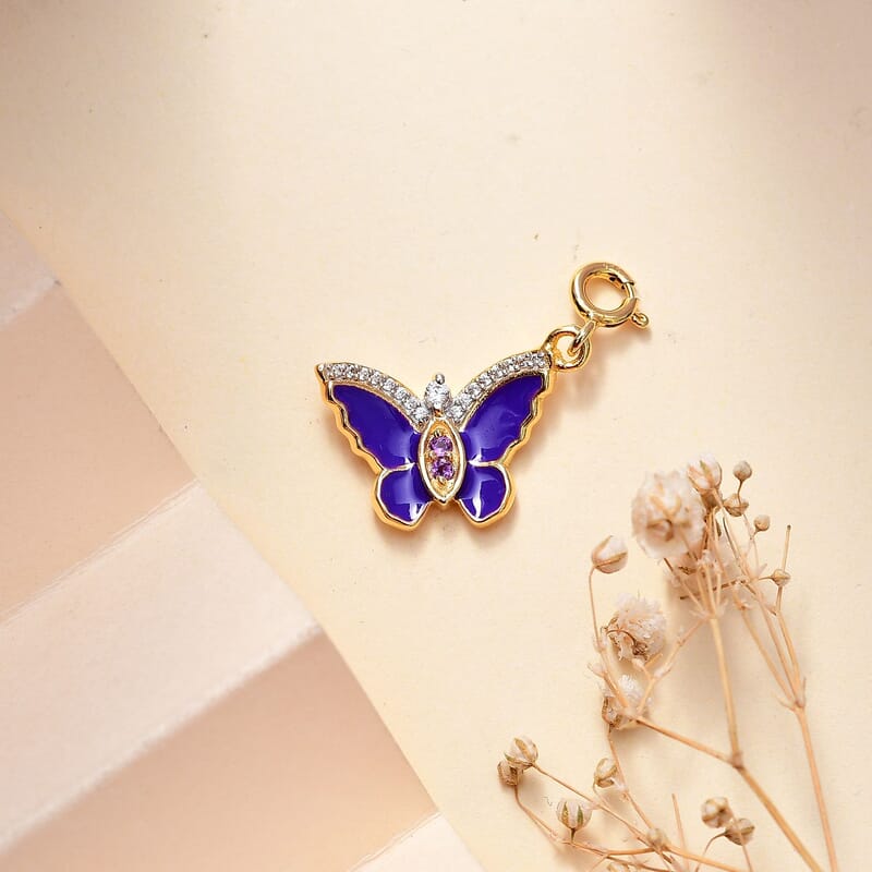 African Amethyst and White Zircon 0.15 ctw Butterfly Charm in 18K Vermeil Yellow Gold Over Sterling Silver