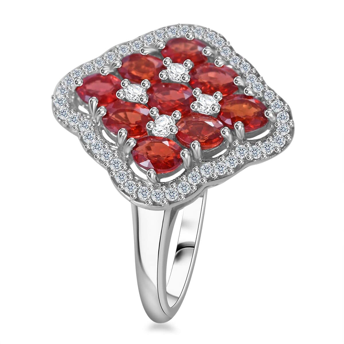 Sanguine Sapphire and White Zircon Art Deco Ring in Rhodium Over Sterling Silver (Size 8.0) 2.60 ctw image number 2