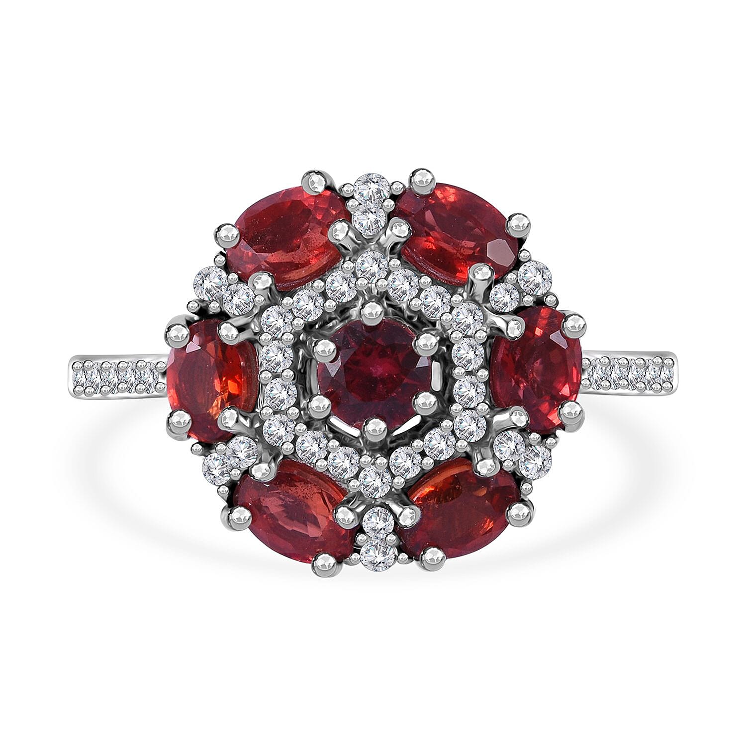 Sanguine Sapphire and White Zircon Art Deco Ring in Rhodium Over Sterling Silver (Size 10.0) 2.00 ctw