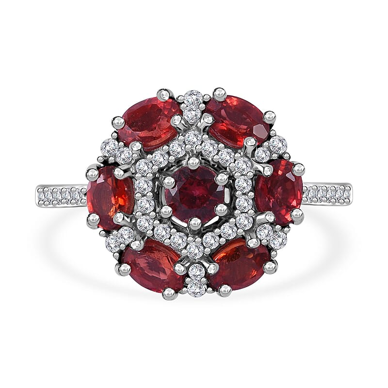 Sanguine Sapphire and White Zircon Art Deco Ring in Rhodium Over Sterling Silver (Size 10.0) 2.00 ctw