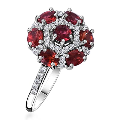 Sanguine Sapphire and White Zircon Art Deco Ring in Rhodium Over Sterling Silver (Size 10.0) 2.00 ctw