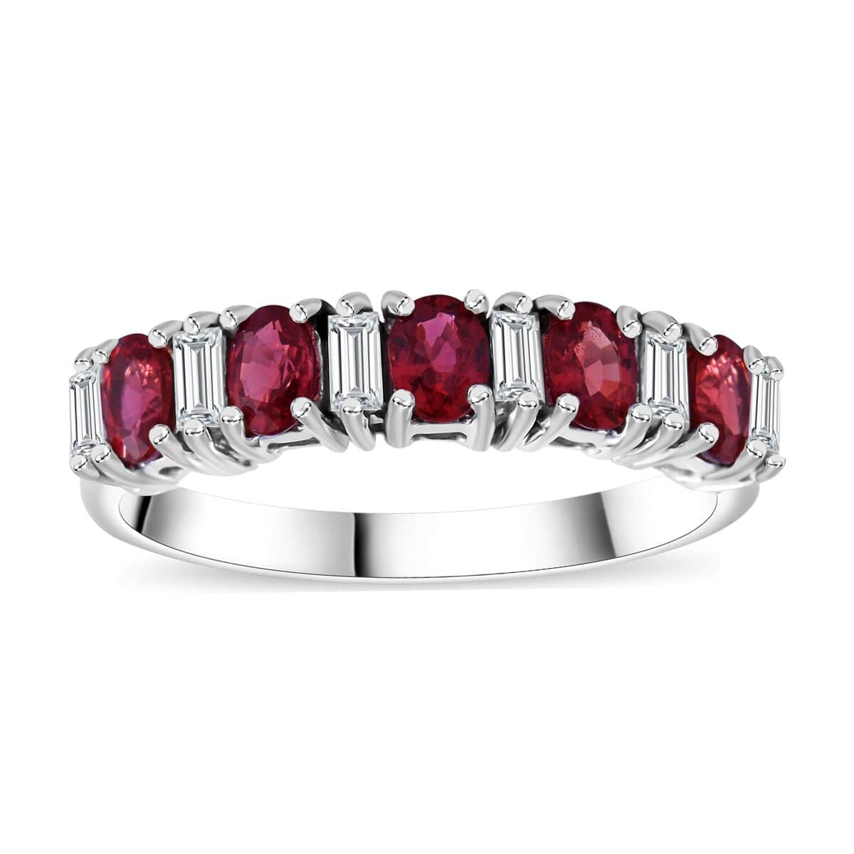 Sanguine Sapphire and White Zircon Art Deco Ring in Rhodium Over Sterling Silver (Size 8.0) 1.50 ctw image number 0