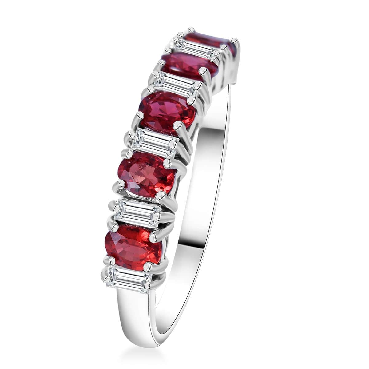 Sanguine Sapphire and White Zircon Art Deco Ring in Rhodium Over Sterling Silver (Size 8.0) 1.50 ctw image number 2