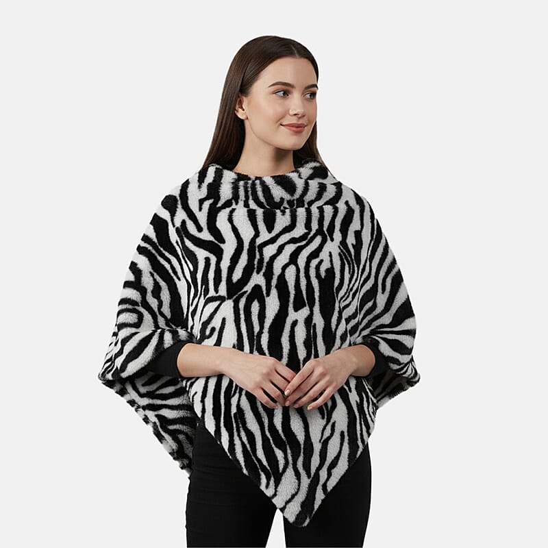 Tamsy Black and White Tiger Poncho - One Time Fits Most