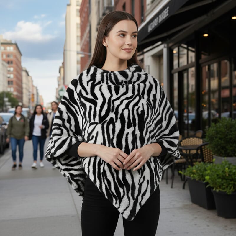 Tamsy Black and White Tiger Poncho - One Time Fits Most