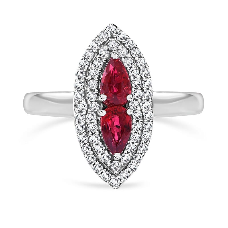 Sanguine Sapphire and White Zircon Ring in Rhodium Over Sterling Silver (Size 10.0) 1.00 ctw
