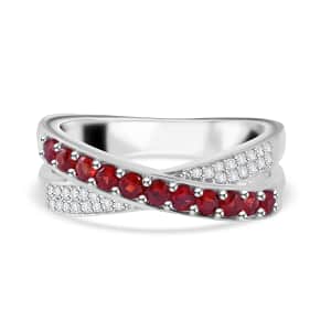 Sanguine Sapphire and White Zircon Criss-Cross Ring in Rhodium Over Sterling Silver (Size 10.0) 0.85 ctw
