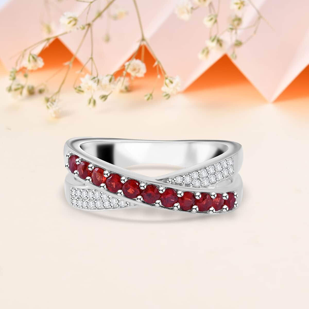 Sanguine Sapphire, White Zircon Criss-Cross Ring in Rhodium Over Sterling Silver (Size 10.0) 0.85 ctw image number 1