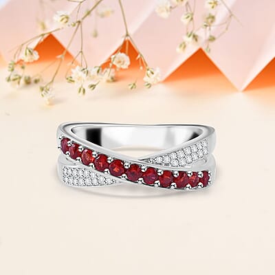 Sanguine Sapphire and White Zircon Criss-Cross Ring in Rhodium Over Sterling Silver (Size 10.0) 0.85 ctw