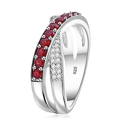 Sanguine Sapphire and White Zircon Criss-Cross Ring in Rhodium Over Sterling Silver (Size 10.0) 0.85 ctw