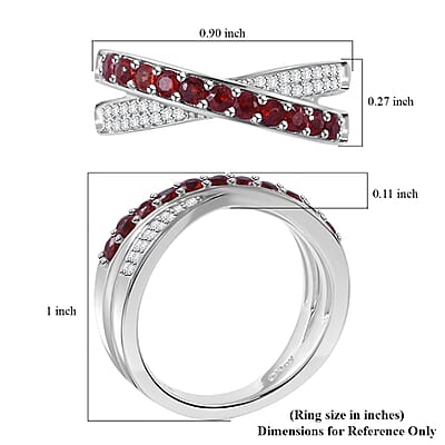 Sanguine Sapphire and White Zircon Criss-Cross Ring in Rhodium Over Sterling Silver (Size 10.0) 0.85 ctw