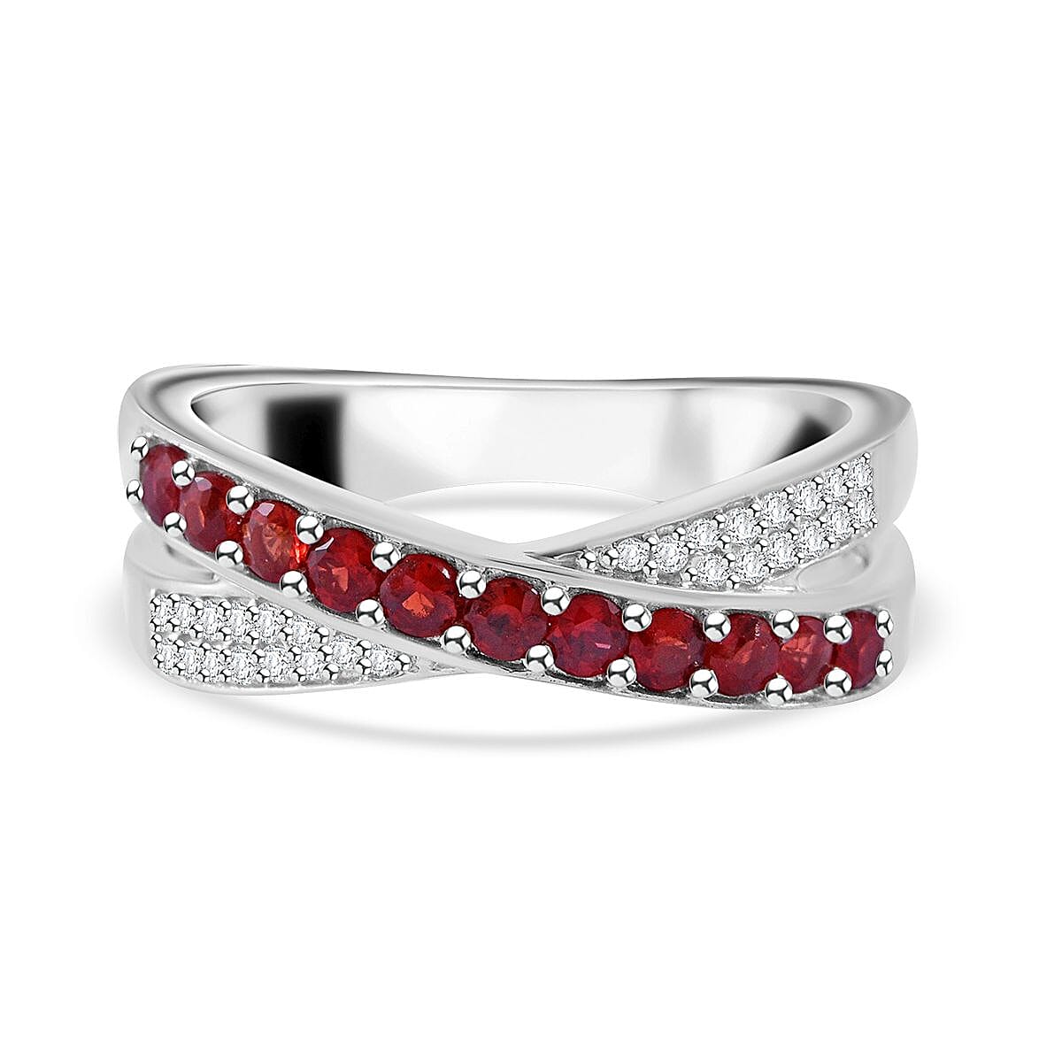 Sanguine Sapphire and White Zircon Criss-Cross Ring in Rhodium Over Sterling Silver (Size 9.0) 0.85 ctw image number 0