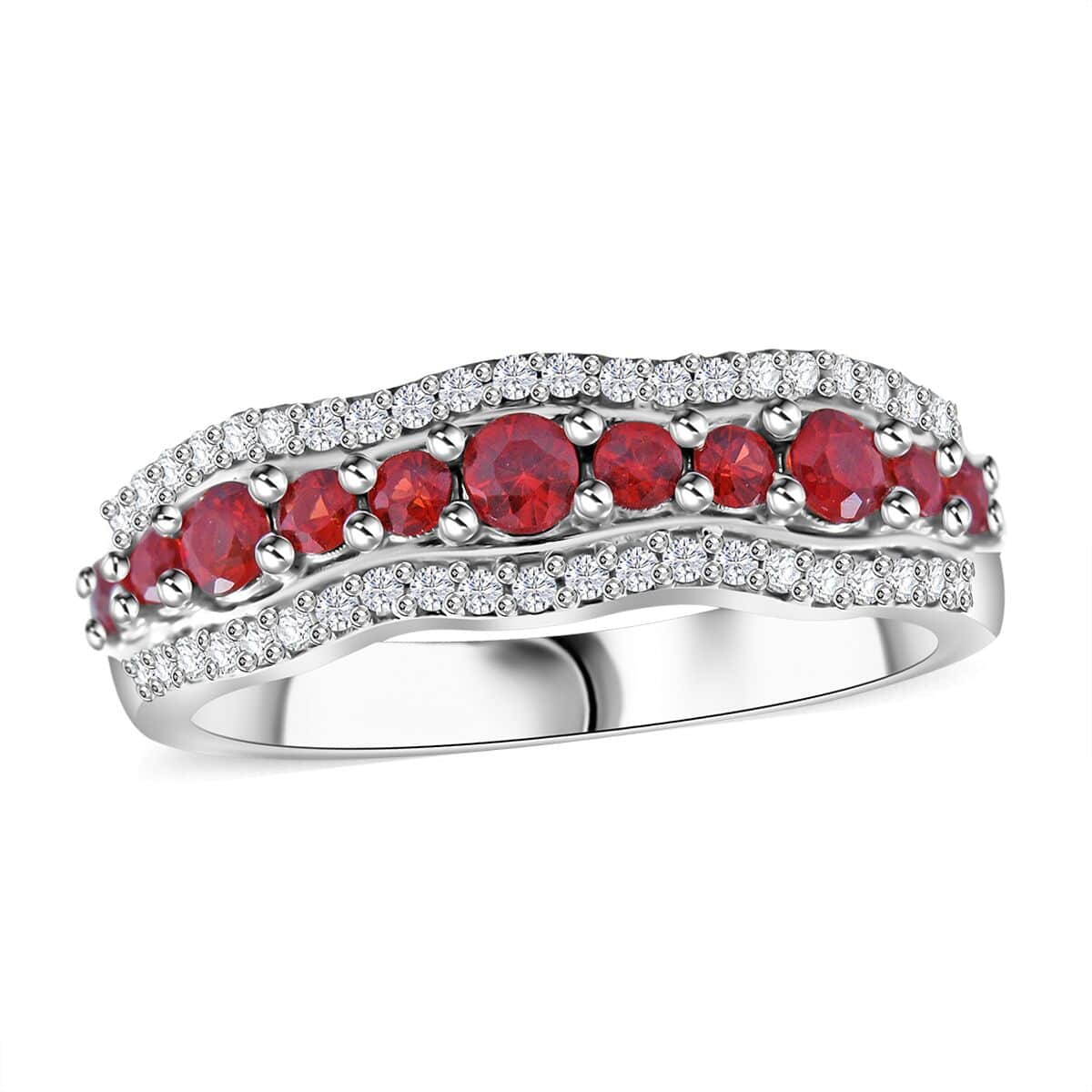 Sanguine Sapphire and White Zircon Ring in Rhodium Over Sterling Silver (Size 10.0) 0.80 ctw image number 0