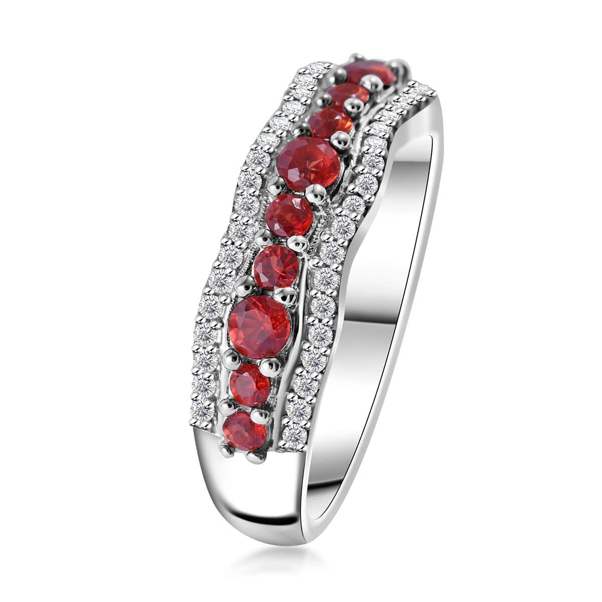 Sanguine Sapphire and White Zircon Ring in Rhodium Over Sterling Silver (Size 10.0) 0.80 ctw image number 2