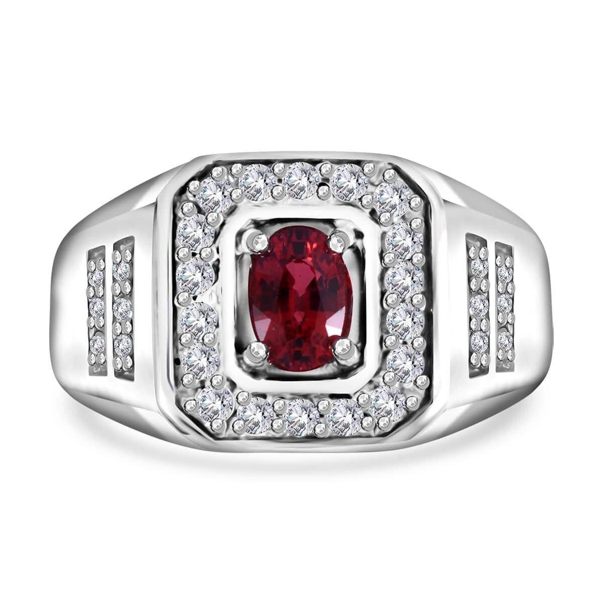 Sanguine Sapphire, Moissanite Men's Ring in Rhodium Over Sterling Silver (Size 10.0) 1.35 ctw image number 0