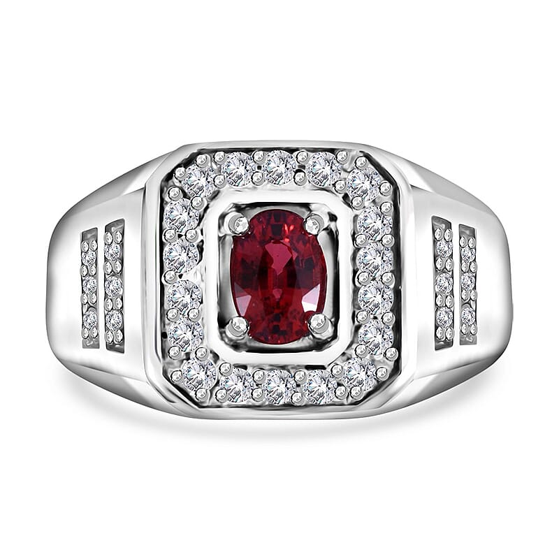 Sanguine Sapphire and Moissanite Men's Ring in Rhodium Over Sterling Silver (Size 10.0) 1.35 ctw
