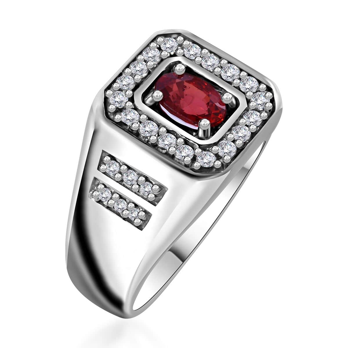 Sanguine Sapphire, Moissanite Men's Ring in Rhodium Over Sterling Silver (Size 10.0) 1.35 ctw image number 2