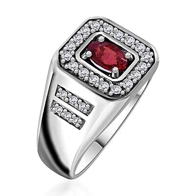 Sanguine Sapphire and Moissanite Men's Ring in Rhodium Over Sterling Silver (Size 10.0) 1.35 ctw