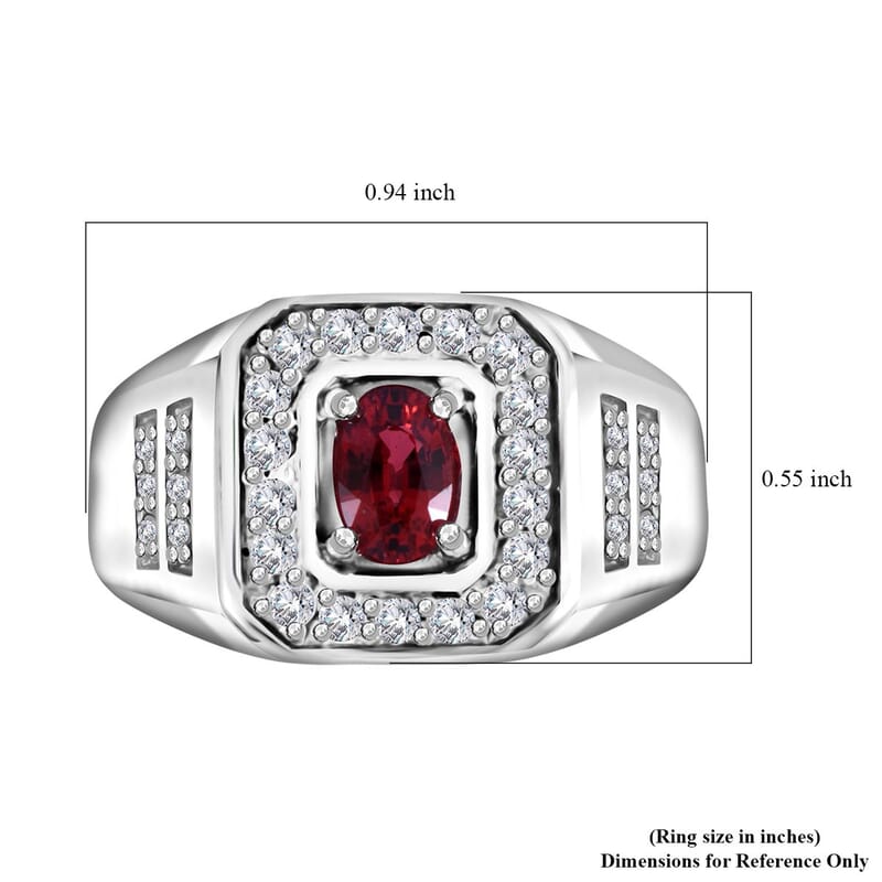 Sanguine Sapphire and Moissanite Men's Ring in Rhodium Over Sterling Silver (Size 10.0) 1.35 ctw