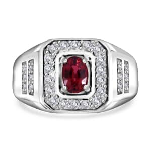 Sanguine Sapphire and Moissanite Men's Ring in Rhodium Over Sterling Silver (Size 11.0) 1.35 ctw